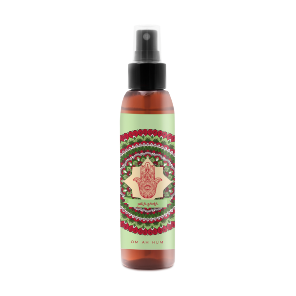 Botella de aromatizante ambiental Palo Santo, fragancia amaderada y cítrica para purificar ambientes.